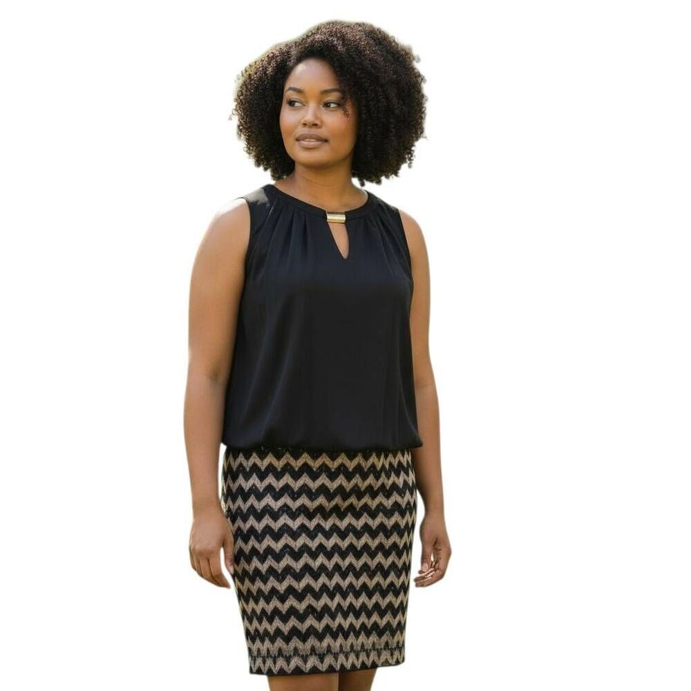 PERCEPTION BLACK, GOLD, & SILVER SEQUIN CHEVERON DRESS SZ.18 EUC